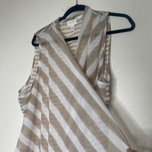 Chicos 3 Draped Open Front Striped Cardigan XL Vest Sheer Tan Striped - Picture 3 of 11